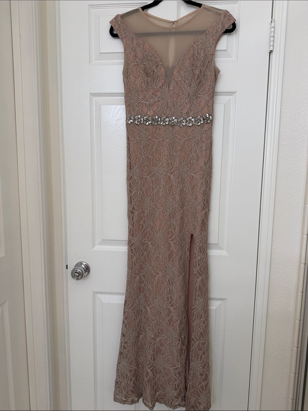 Jodi Kristopher Blush Lace Maxi Gown with Beaded Waist